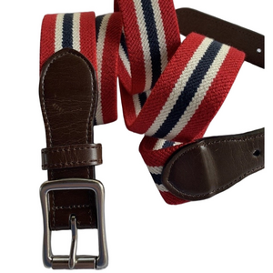 Genuine Leather Belt Silver Buckle Canvas Red White Blue Stretch Unisex Large